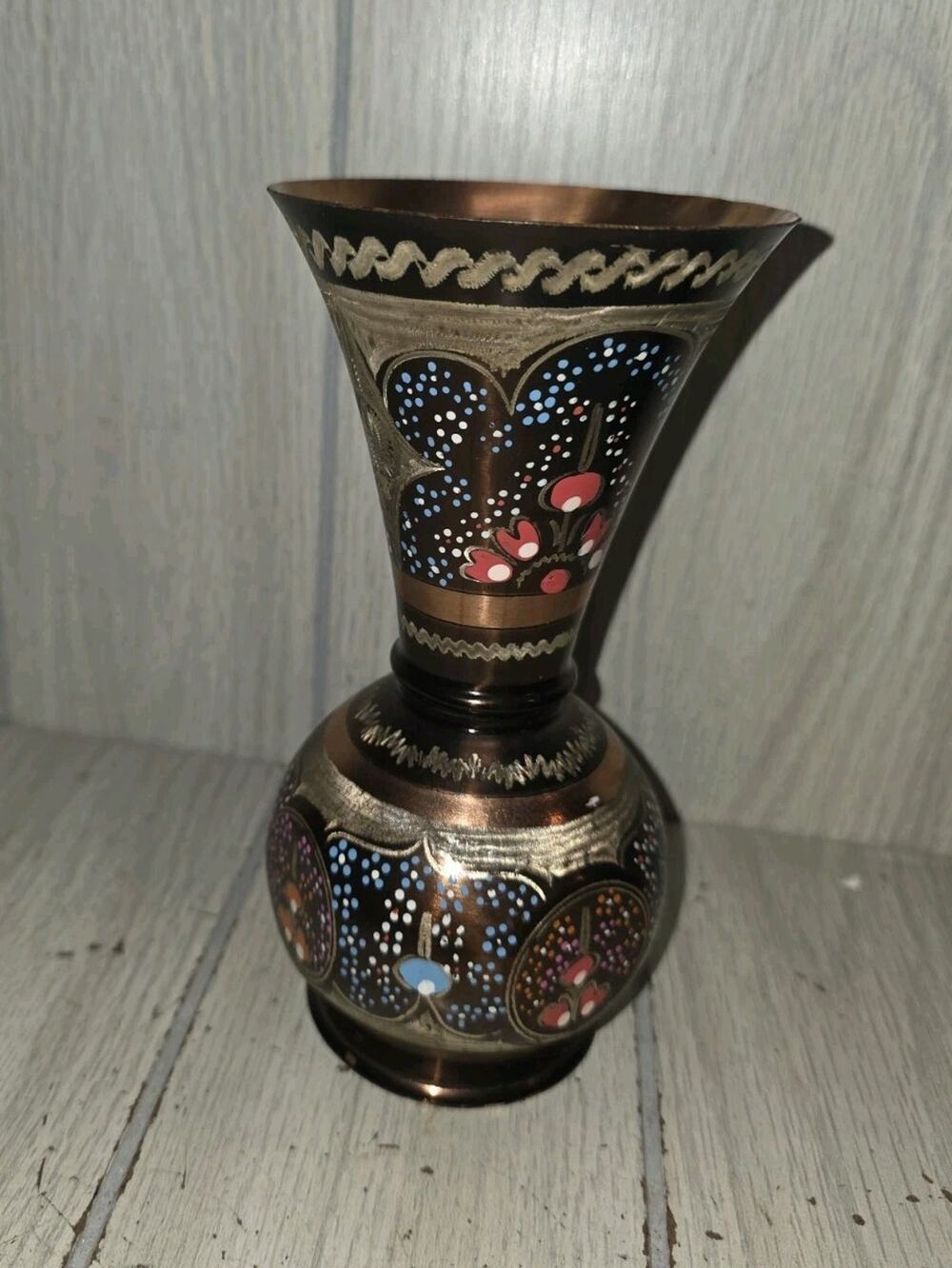 Vtg Handmade Ottoman Style MINAKARI Copper Enamel Vase Beautiful 7"